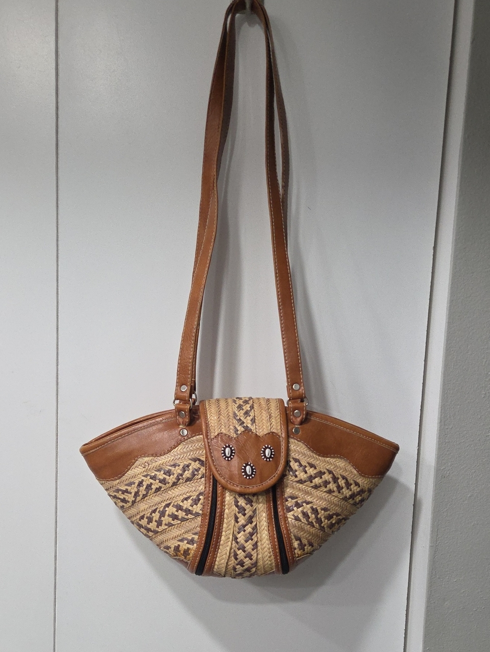 Woven Straw and Brown Leather Shoulder Bag